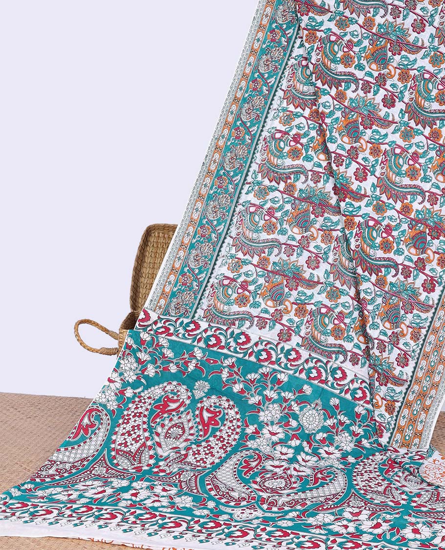 white animal,floral vine motifs machine-printed kalamkari cotton saree with contrast border & animal,floral motifs pallu