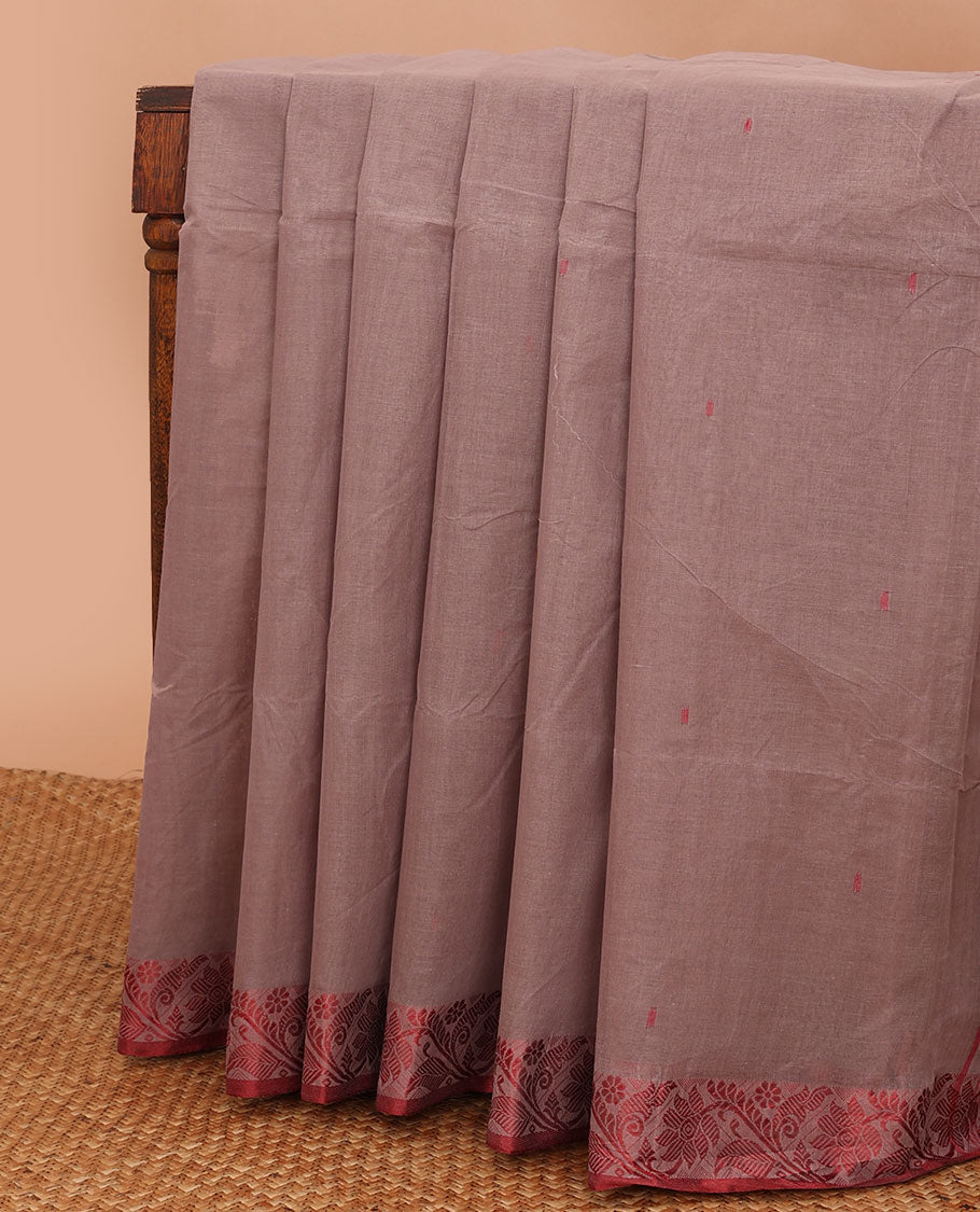 Lite brown buttas Bengal cotton saree, contrast floral creeper thread border & pallu of buttas & stripes