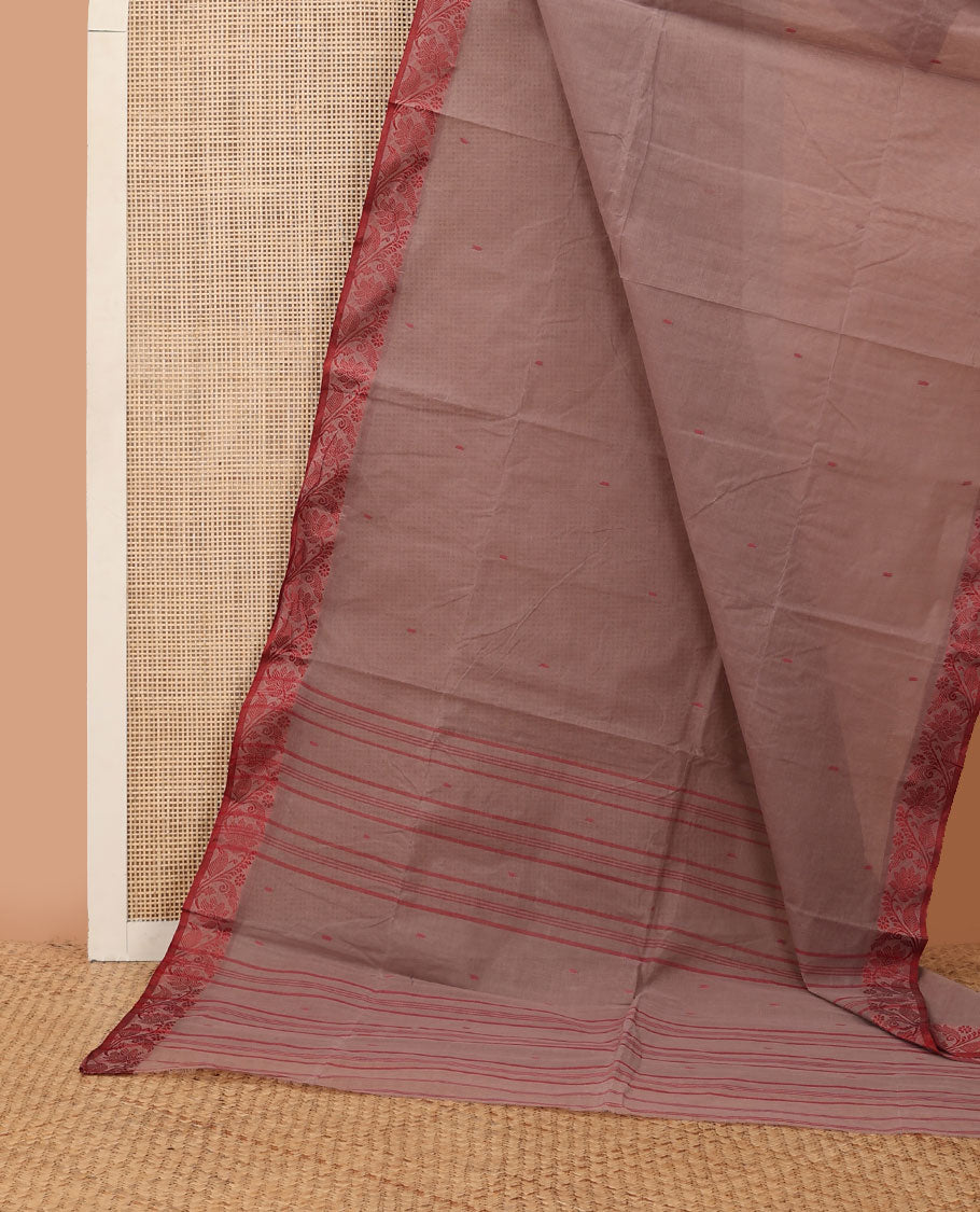 Lite brown buttas Bengal cotton saree, contrast floral creeper thread border & pallu of buttas & stripes