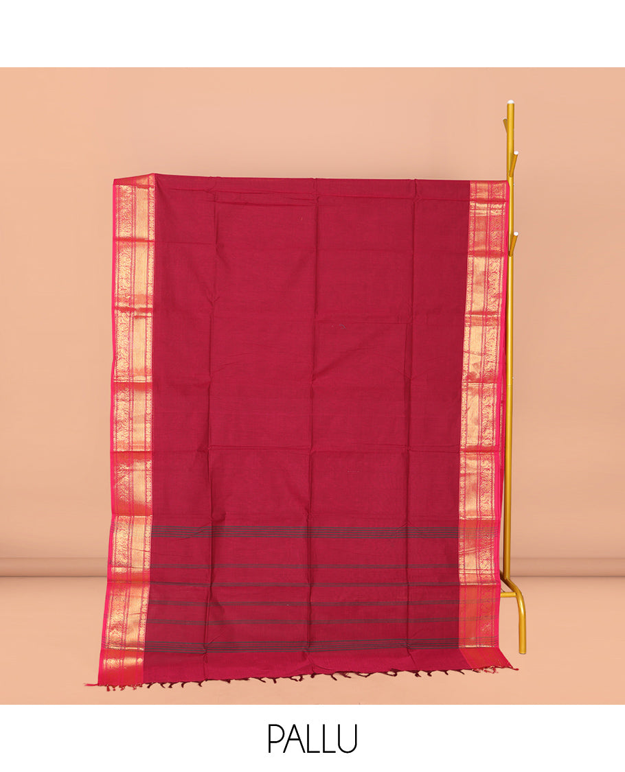 Red Plain Chettinad Cotton Saree, Complemented by Contrast Traditional Zari Design Border, Striped Pallu, and Paired with Matching Blouse