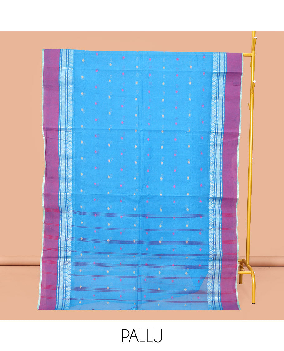 Blue Bengal Cotton Saree Features Thread Buttas, a Contrast Traditional Design Border, Pallu of Stripes, and Buttas, and a Matching Blouse
