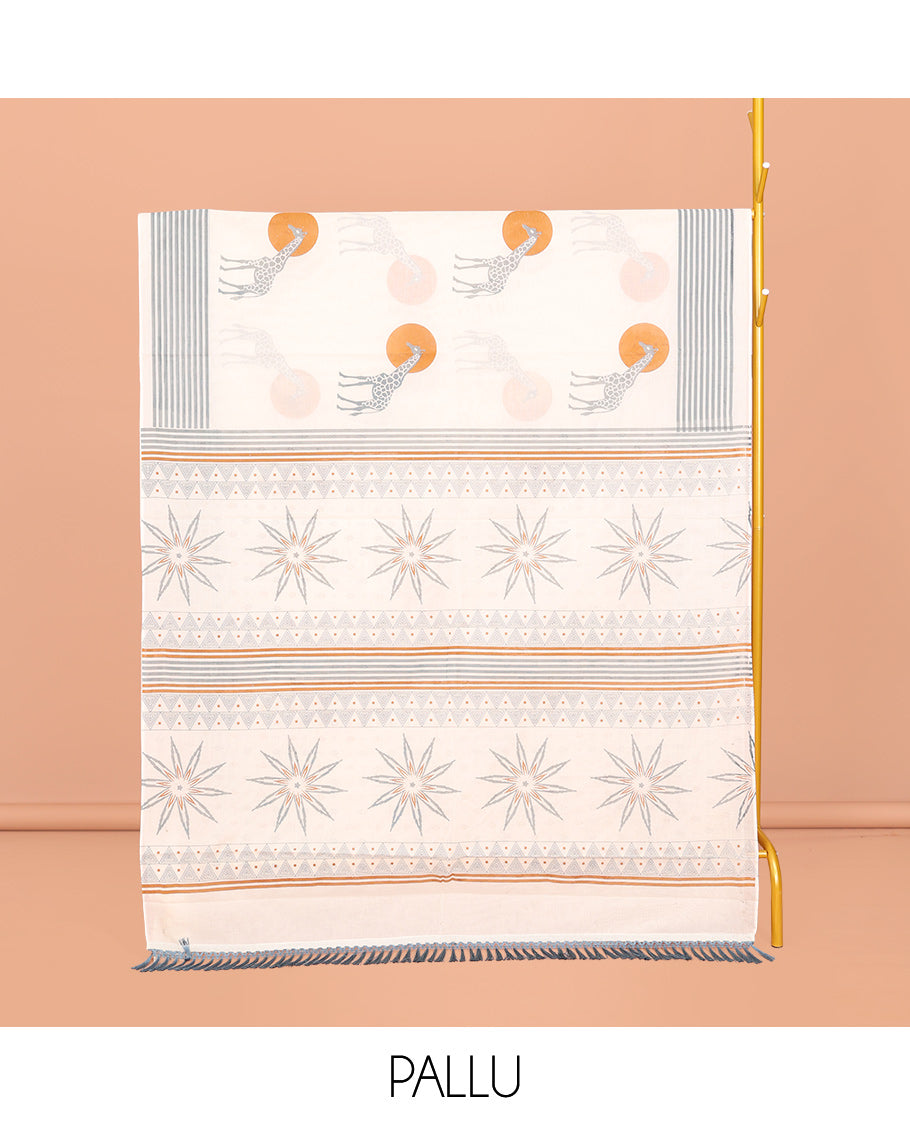 Cream Kerala Cotton Saree, Enthralled with Sun and Giraffe Motifs, a Subtle Striped Border, and a Matching Blouse