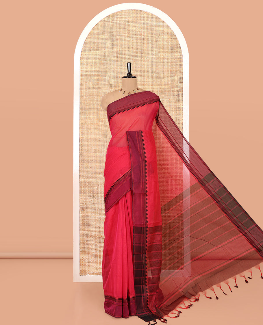 Red Andhra Cotton Saree, Sparsely Woven with Stripes, a Contrast Temple Thread Border, Striped Pallu, and a Contrast Blouse