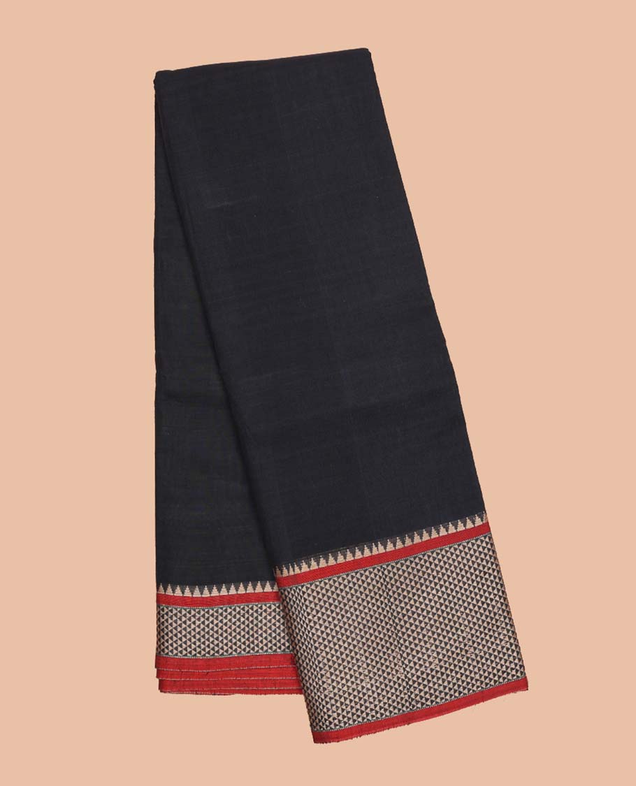 Black plain design Narayanapet cotton saree, contrast traditional design border & striped pallu