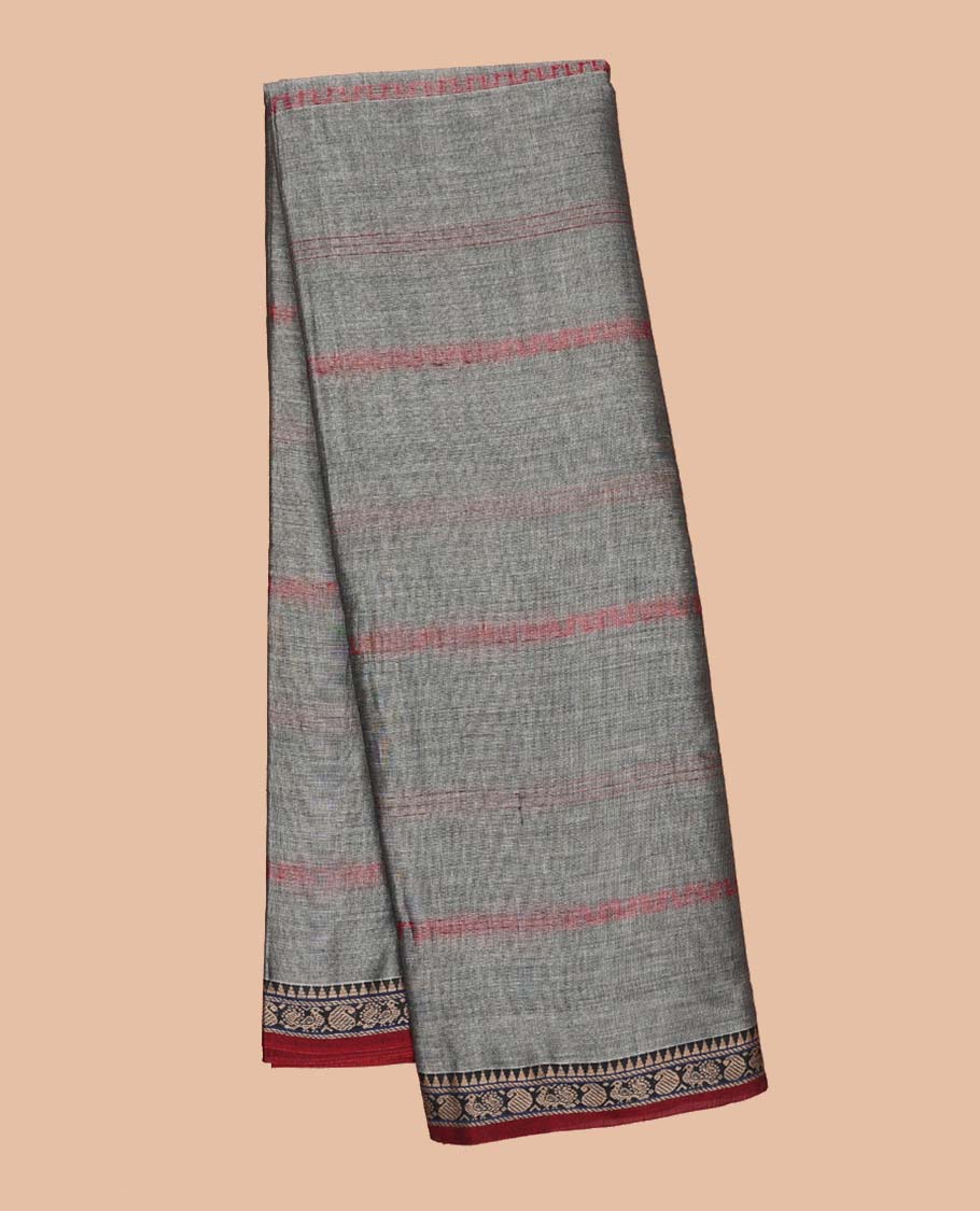 Grey Striped Narayanapet cotton saree, contrast traditional design border & striped pallu