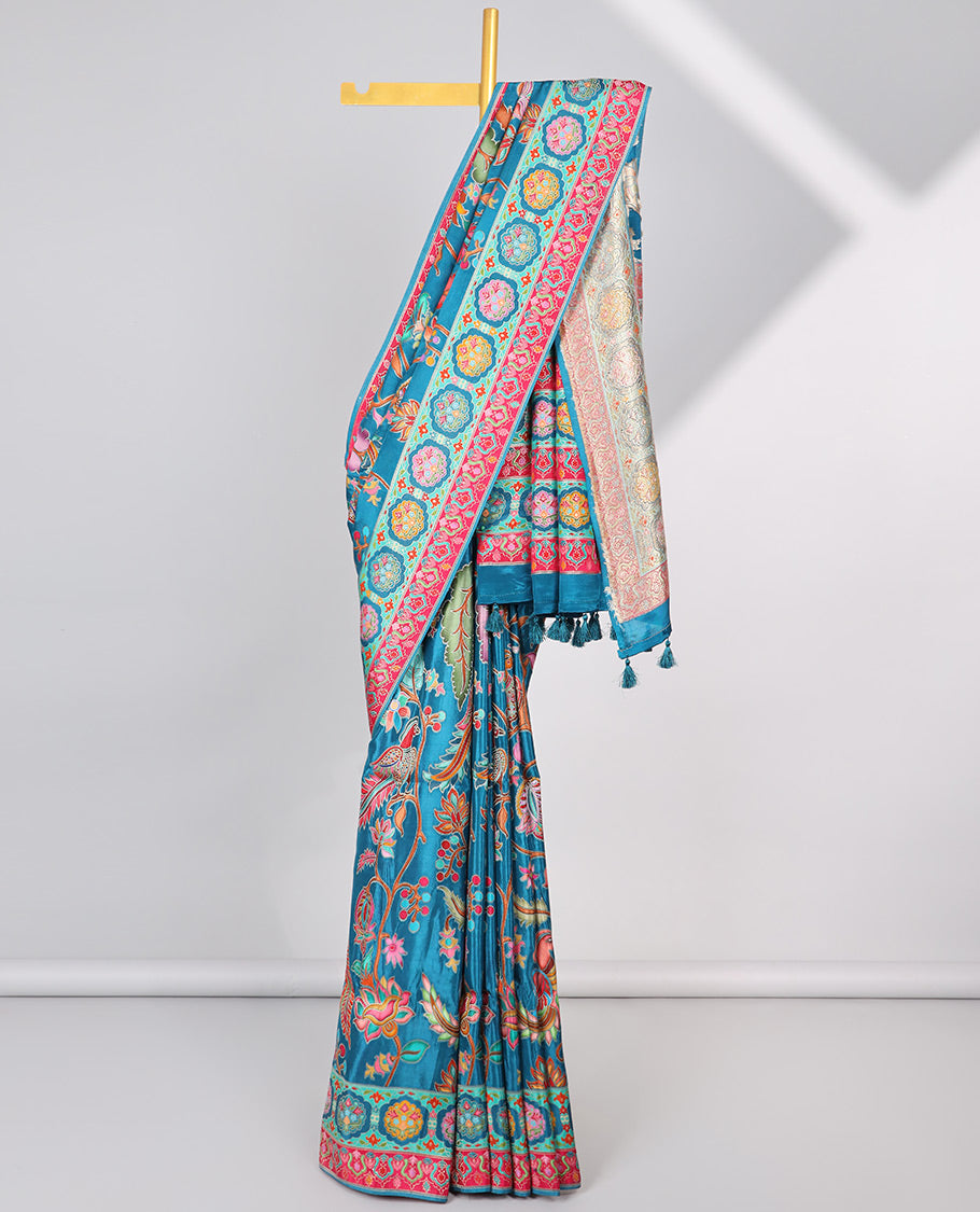 Blue floral vine design semi-banaras dola silk saree with contrast border & intricate design pallu