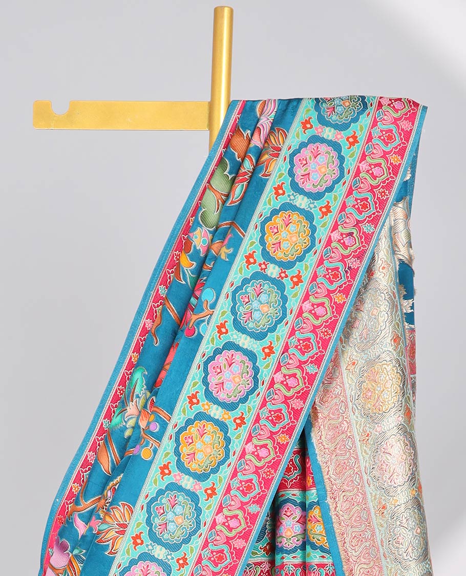 Blue floral vine design semi-banaras dola silk saree with contrast border & intricate design pallu