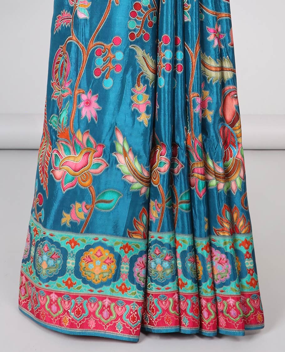 Blue floral vine design semi-banaras dola silk saree with contrast border & intricate design pallu