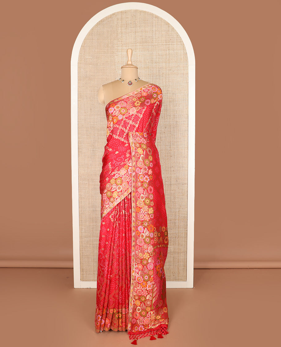 Red bandhani dottes with jaal design dola silk saree, meenakari floral design border, and pallu of bandhani dottes, and meenakari floral design