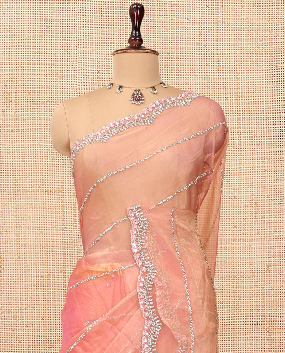 Pastel Pink Stone-Kardana Work Organza Designer Saree with a Scallop Embroidery Border, Matching Blouse