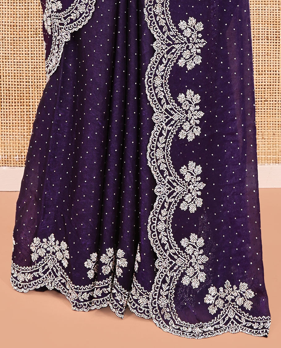Blue Designer Saree, Gleamed up with Stone Struck On Its Body, Highlighted by Scallop Embroidered Border, and Paired with a Matching Embroidered Blouse
