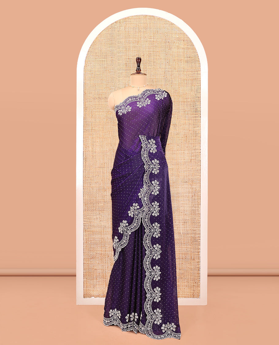 Blue Designer Saree, Gleamed up with Stone Struck On Its Body, Highlighted by Scallop Embroidered Border, and Paired with a Matching Embroidered Blouse