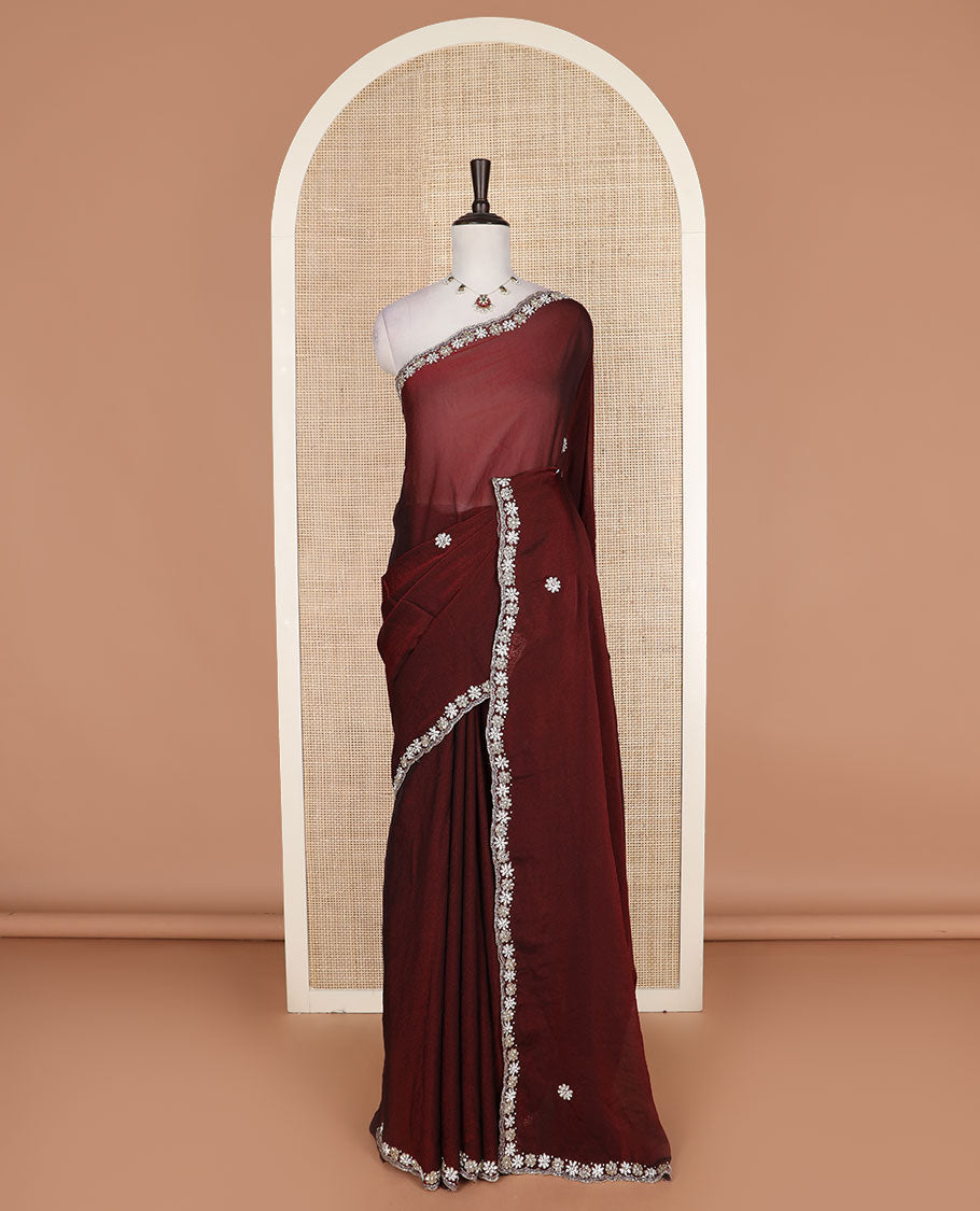 Maroon flower motifs embroidered designer saree, floral embroidered scallop border