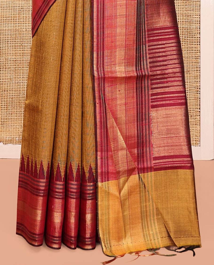 Mustard Dupion Silk Saree, Complemented by Contrast Temple-Checked Border, Temple Pallu, and a Contrast Blouse