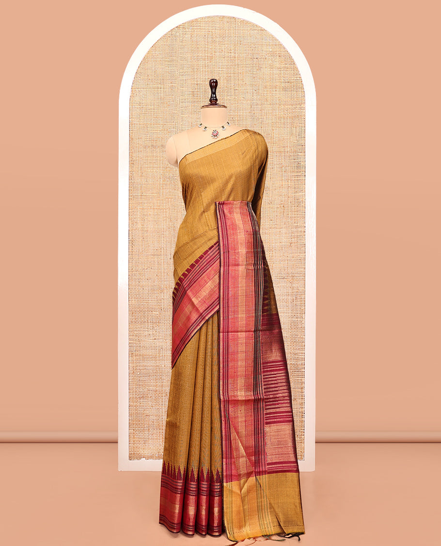 Mustard Dupion Silk Saree, Complemented by Contrast Temple-Checked Border, Temple Pallu, and a Contrast Blouse