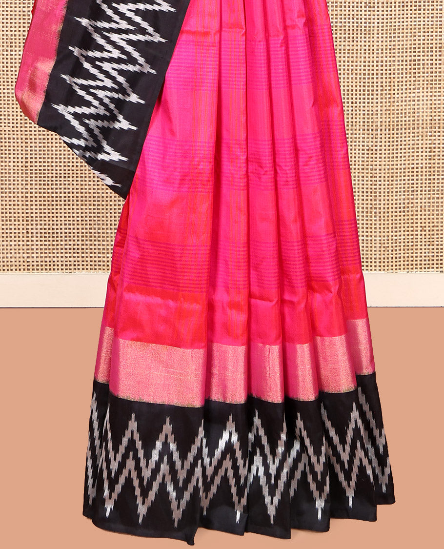 Pink Sparsely Striped Pochampally Ikat Saree, a Contrast Chevron Striped Border, Ikat-Style Pallu, and a Contrast Blouse