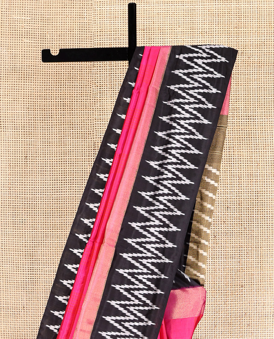 Pink Sparsely Striped Pochampally Ikat Saree, a Contrast Chevron Striped Border, Ikat-Style Pallu, and a Contrast Blouse