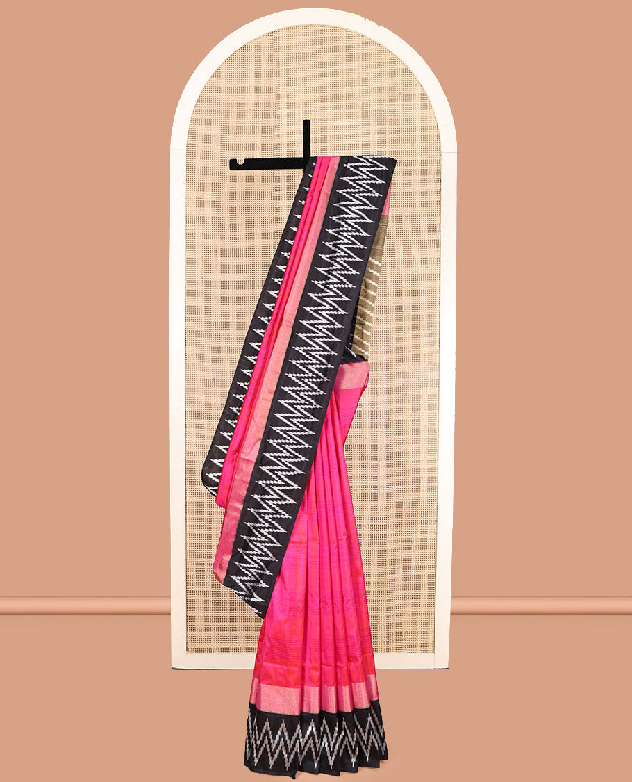 Pink Sparsely Striped Pochampally Ikat Saree, a Contrast Chevron Striped Border, Ikat-Style Pallu, and a Contrast Blouse