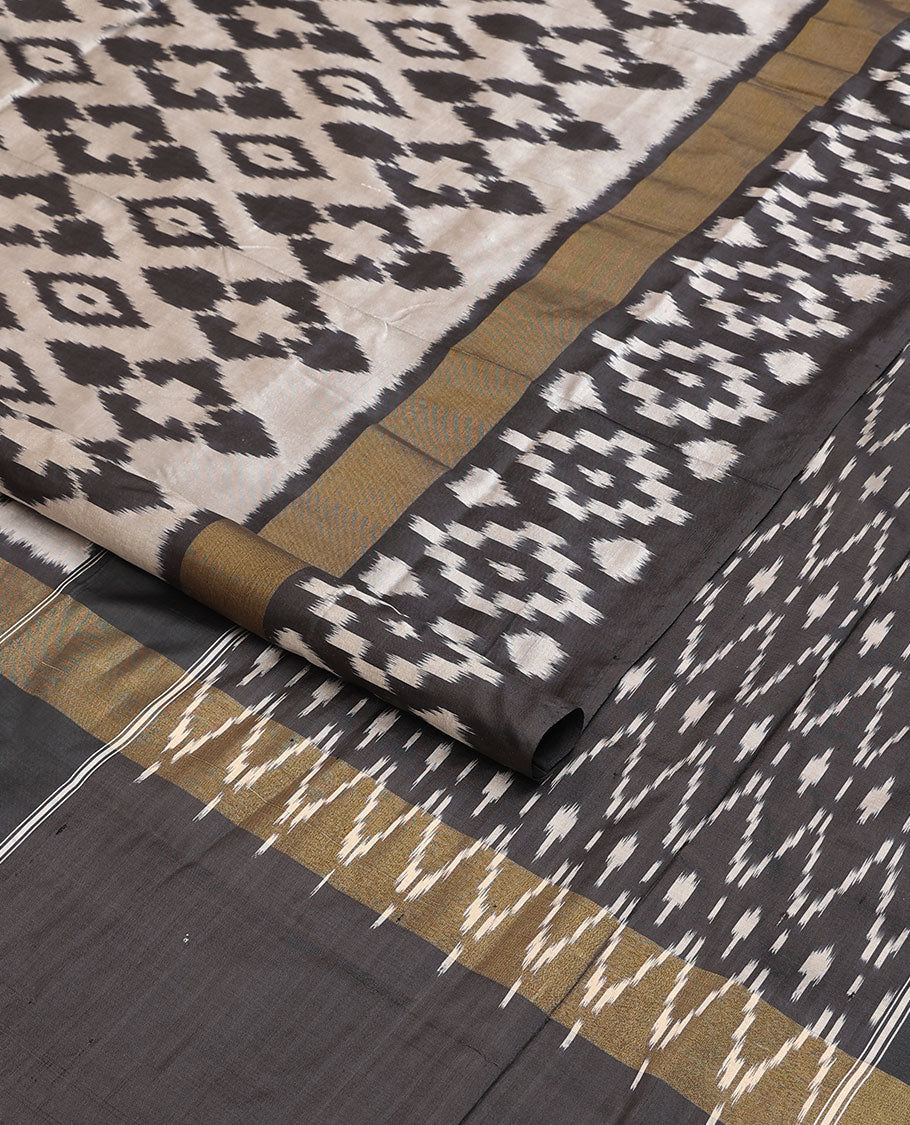 Black & grey ikkat saree with ikkat-style design weave, plain border & pallu of ikkat jaal design