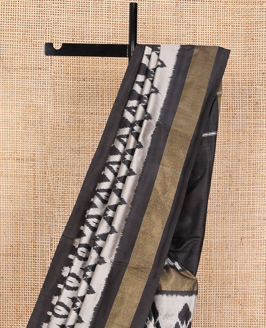 Black & grey ikkat saree with ikkat-style design weave, plain border & pallu of ikkat jaal design