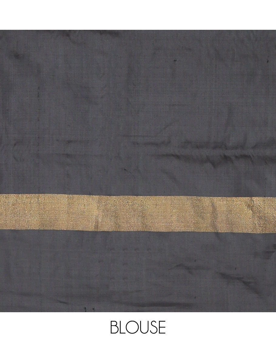 Black & grey ikkat saree with ikkat-style design weave, plain border & pallu of ikkat jaal design