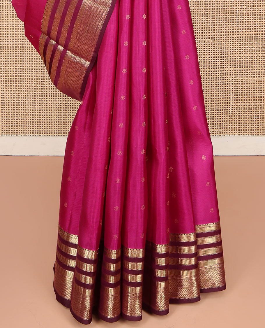 Pink Kanchipuram Silk Saree, Subtly Enriched with Zari Buttas All Over Its Body, Complemented by Contrast Border of Muthu, Banaras, and Mayil Kann Designs, Sparsely Striped Pallu, and Paired with a Contrast Blouse
