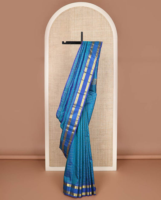 Blue butta enclosed muthu checked kanchipuram silk saree, contrast rettai pettu zari one-sided border & zari design pallu
