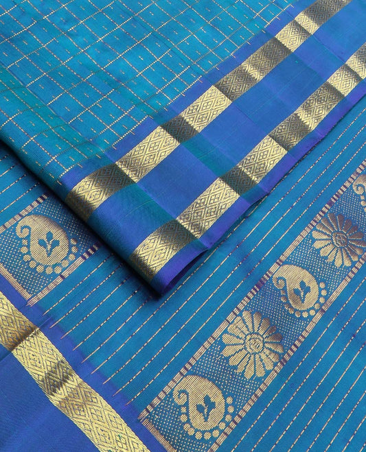 Blue butta enclosed muthu checked kanchipuram silk saree, contrast rettai pettu zari one-sided border & zari design pallu