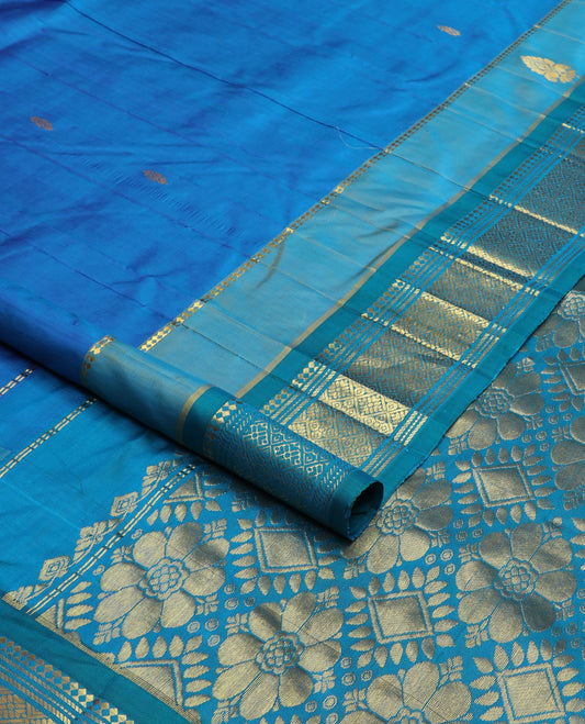 Blue zari buttas Kanchipuram silk saree, contrast border of panner sombu,banaras,muthu & jaal & floral design pallu