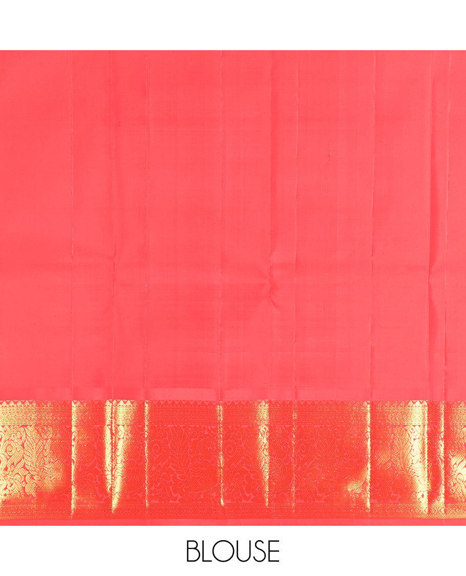 Blue mayil chakram buttas Kanchipuram silk saree, contrast korvai border of thilakam mokku, cross kamalam, and mayil designs, and intricate pallu