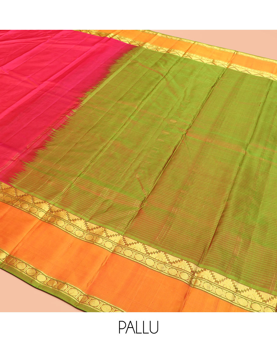 Red Striped Kanchipuram Silk Saree Spotlighted with Contrast Rettai Pettu Border Featuring Thazampoo Rekku, Manga, Banaras, and Rudraksham Designs, a Subtle Striped Pallu, and a Contrast Blouse