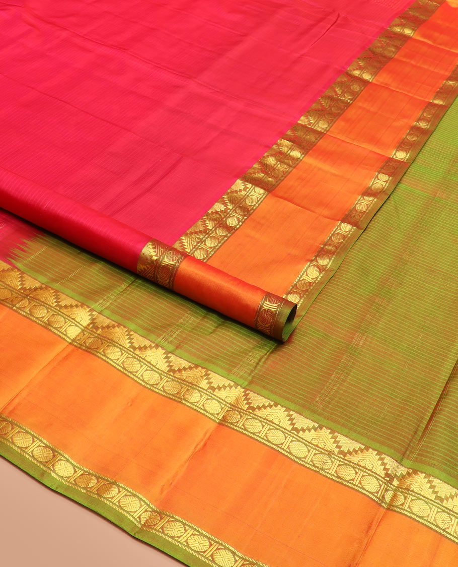 Red Striped Kanchipuram Silk Saree Spotlighted with Contrast Rettai Pettu Border Featuring Thazampoo Rekku, Manga, Banaras, and Rudraksham Designs, a Subtle Striped Pallu, and a Contrast Blouse