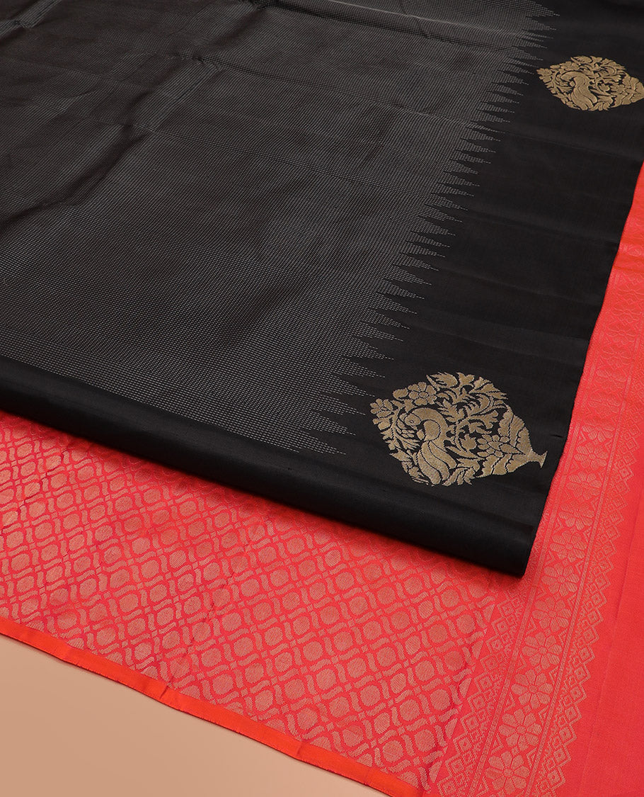 Black Kanchipuram Silk Saree Delicately Woven with Muthu Designs on Its Body, Subtly Sparkled Border of Bird and Floral Designs, Captivating Contrast Pallu of Jaal Designs, and Paired with a Contrast Blouse