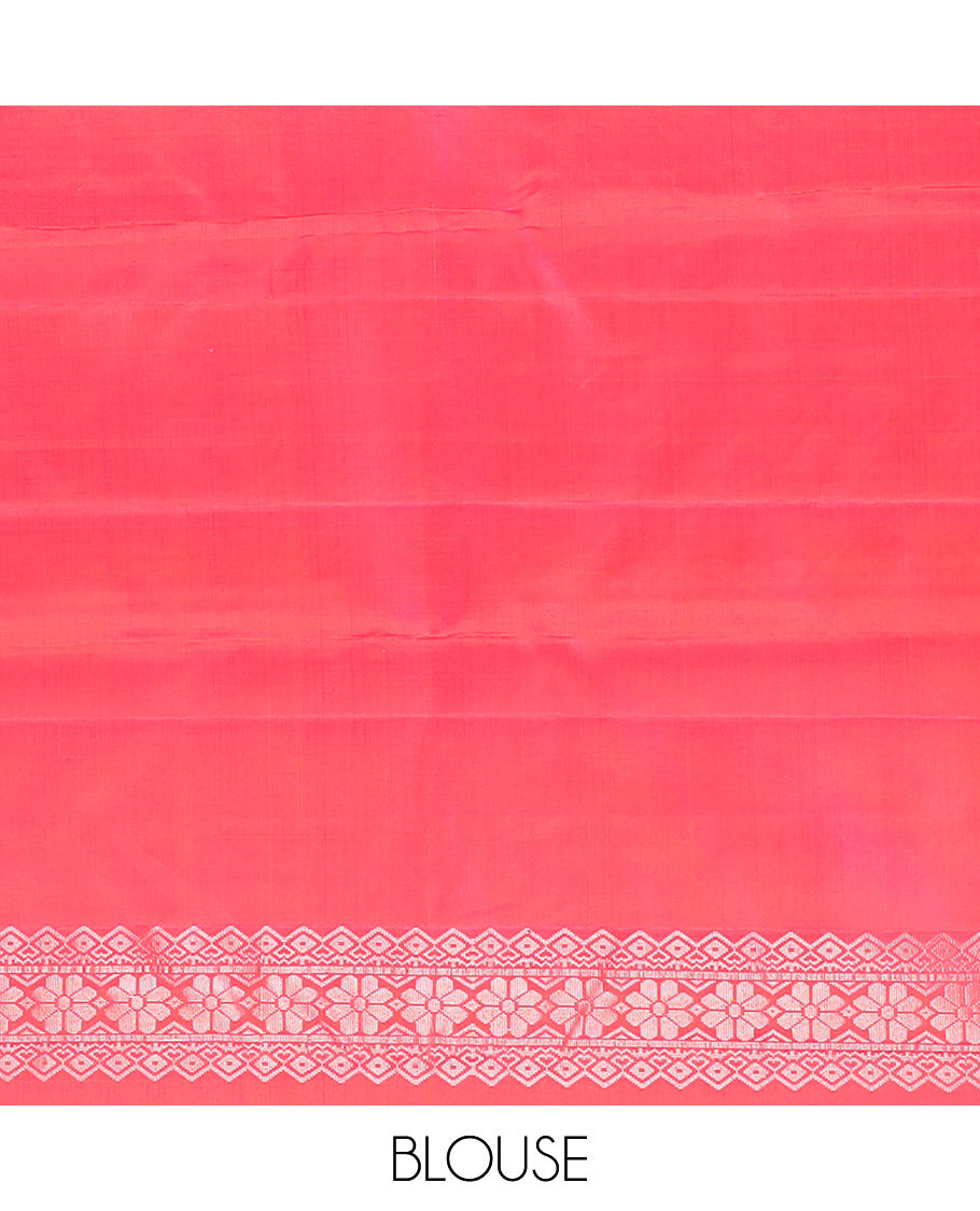 Black Kanchipuram Silk Saree Delicately Woven with Muthu Designs on Its Body, Subtly Sparkled Border of Bird and Floral Designs, Captivating Contrast Pallu of Jaal Designs, and Paired with a Contrast Blouse