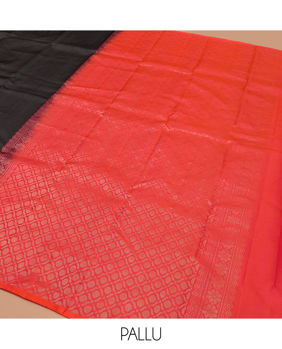 Black Kanchipuram Silk Saree Delicately Woven with Muthu Designs on Its Body, Subtly Sparkled Border of Bird and Floral Designs, Captivating Contrast Pallu of Jaal Designs, and Paired with a Contrast Blouse