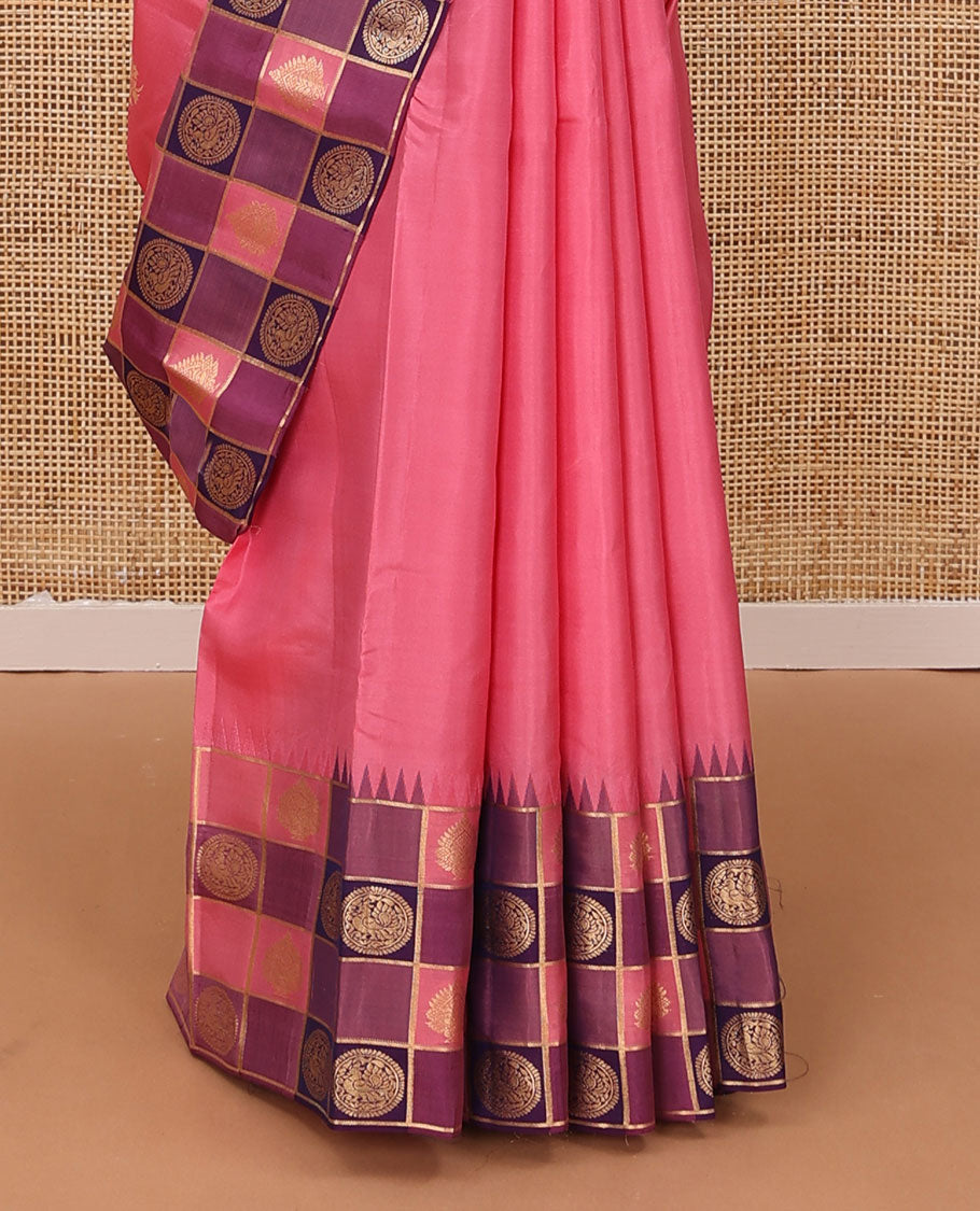 Pink zari buttas silk saree, contrast thazampoo rekku anna chakram enclosed multi-color checked border & zari woven pallu