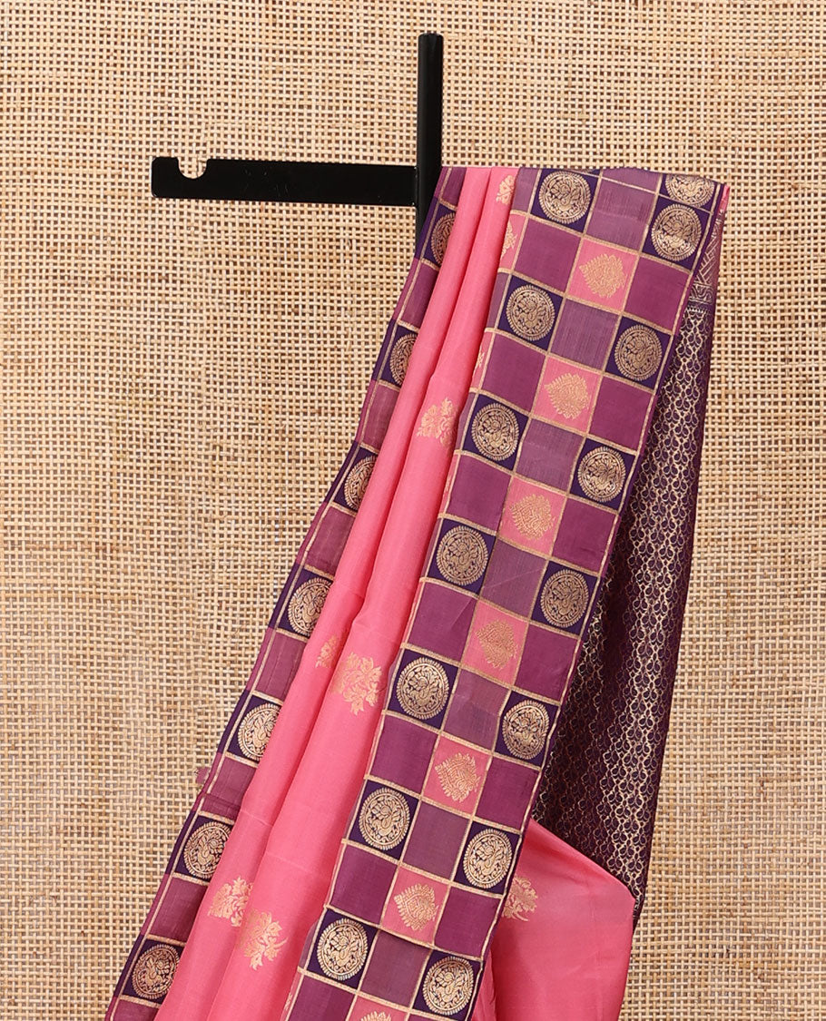 Pink zari buttas silk saree, contrast thazampoo rekku anna chakram enclosed multi-color checked border & zari woven pallu