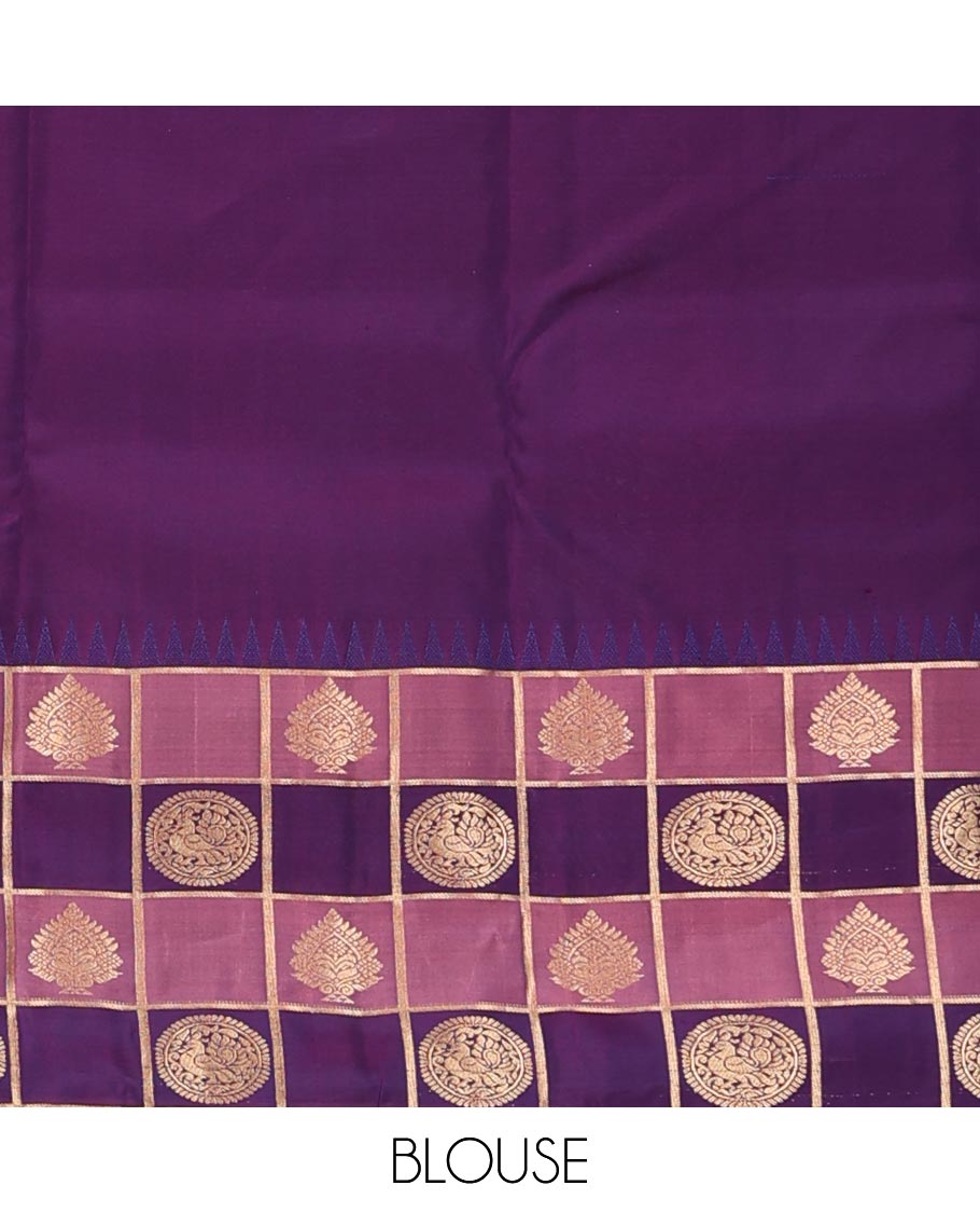Pink zari buttas silk saree, contrast thazampoo rekku anna chakram enclosed multi-color checked border & zari woven pallu