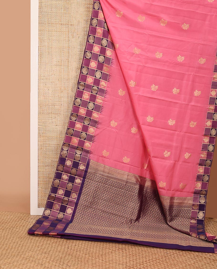 Pink zari buttas silk saree, contrast thazampoo rekku anna chakram enclosed multi-color checked border & zari woven pallu
