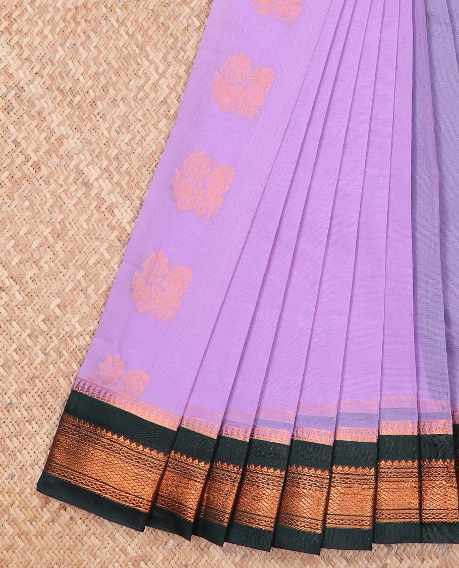Lavender motifs kora cotton saree with intricate zari design border & leaf zari design pallu