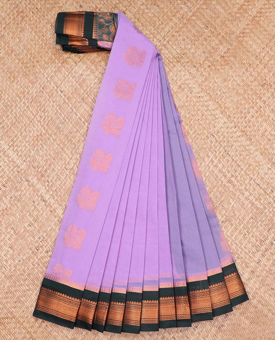 Lavender motifs kora cotton saree with intricate zari design border & leaf zari design pallu