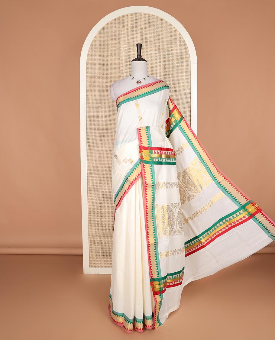 Cream zari design Kerala cotton saree, contrast temple thread border, and zari design pallu
