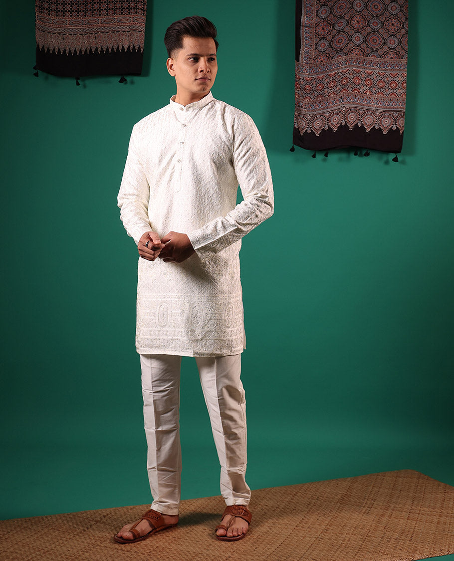 Half-white chikankari style embroidered with micro stone work full-sleeved men's kurta