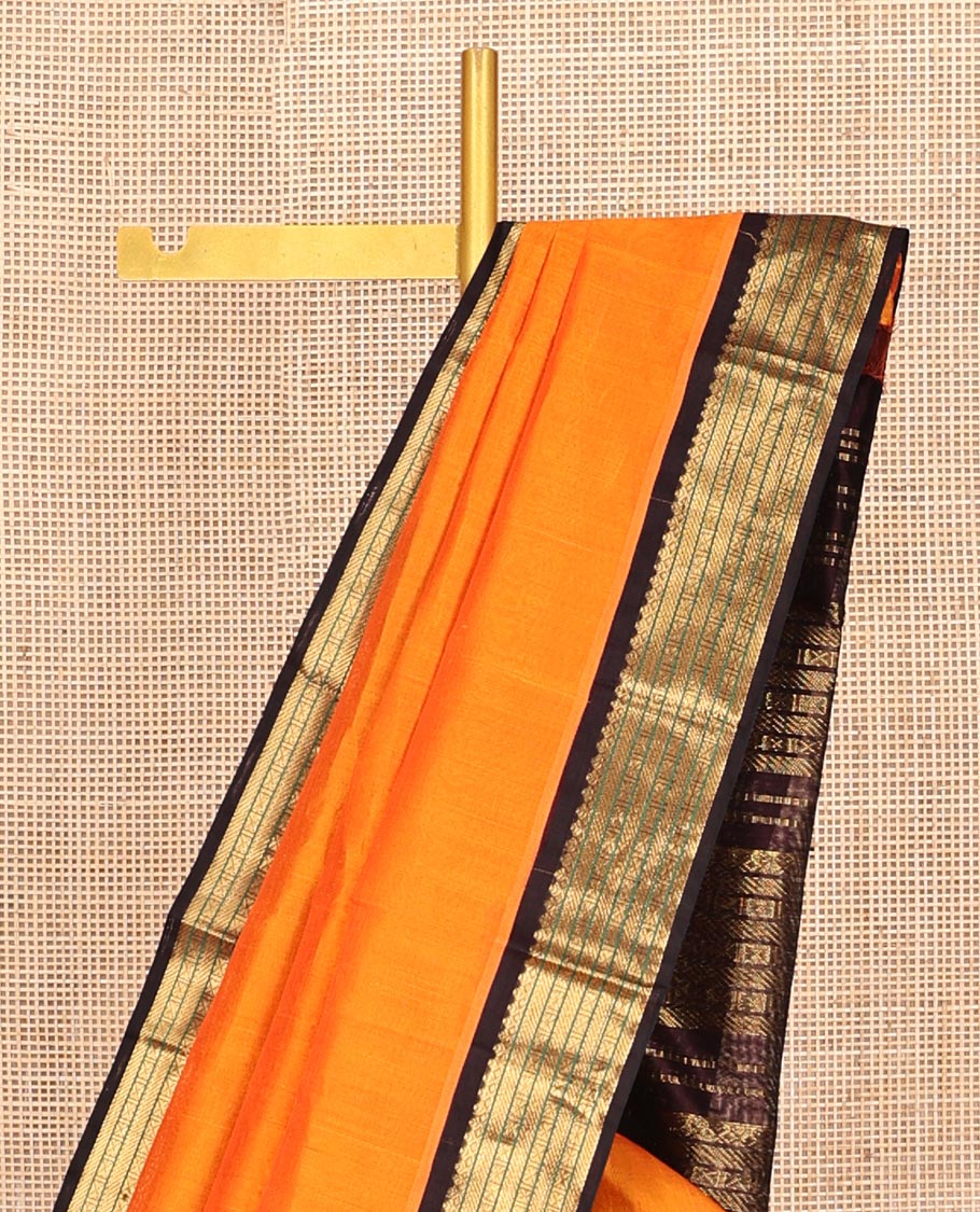 Orange Plain Kuppadam Silk Saree, a Contrast Traditional Zari Border, Grand Pallu, and a Contrast Blouse