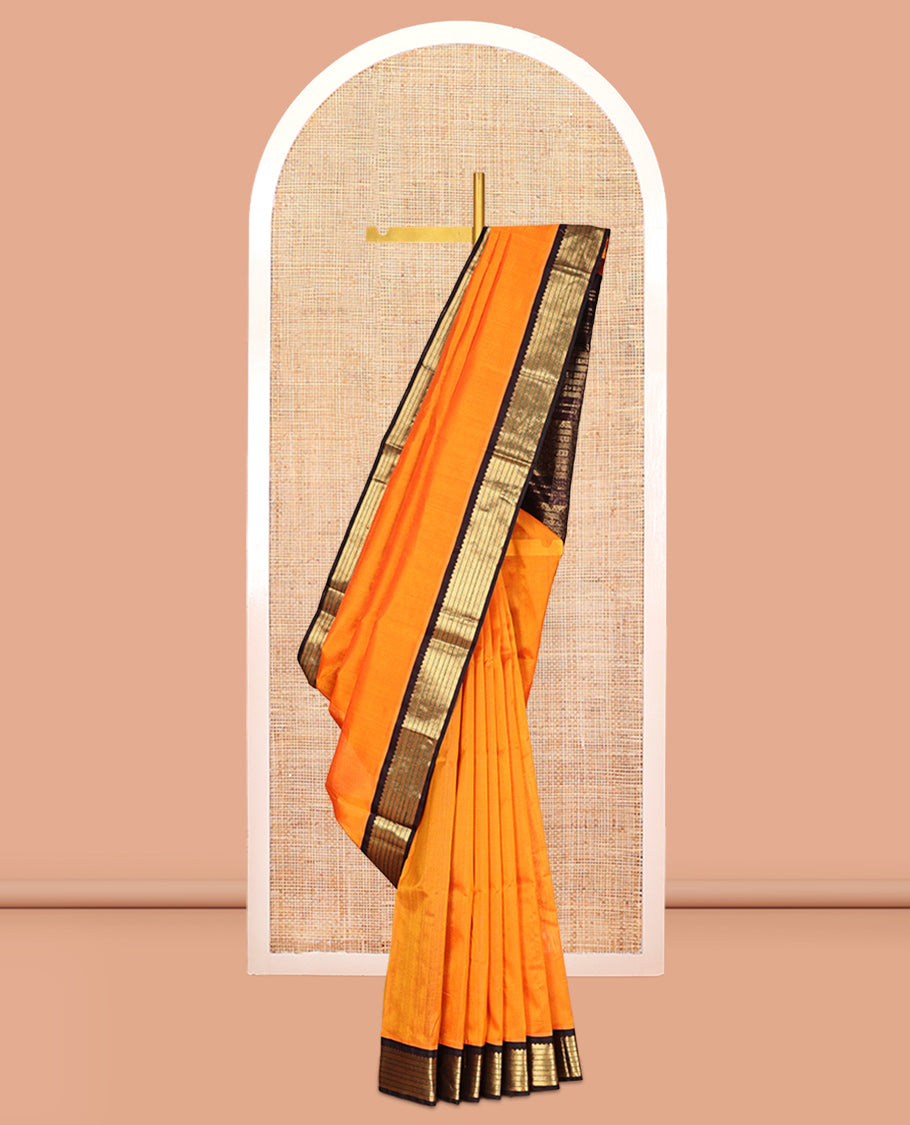 Orange Plain Kuppadam Silk Saree, a Contrast Traditional Zari Border, Grand Pallu, and a Contrast Blouse