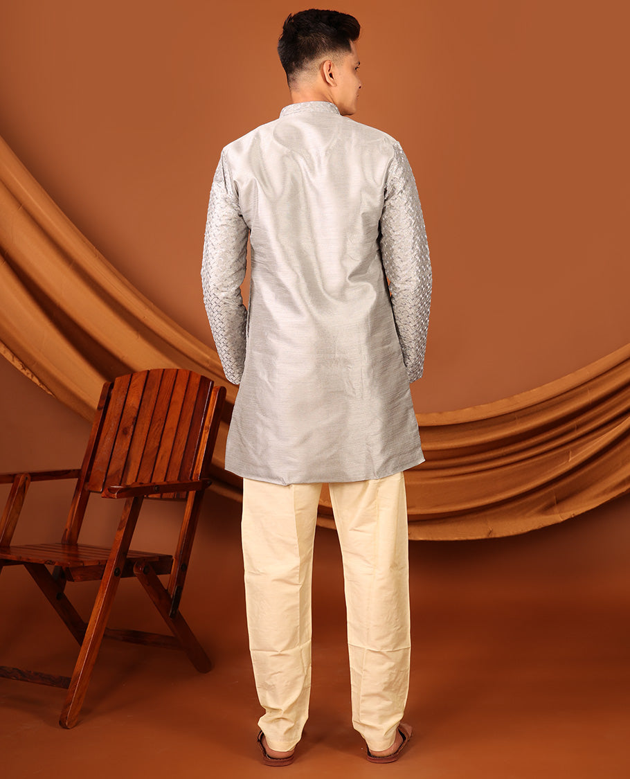 Silver-color Embroidered Full-Sleeved Men's Kurta