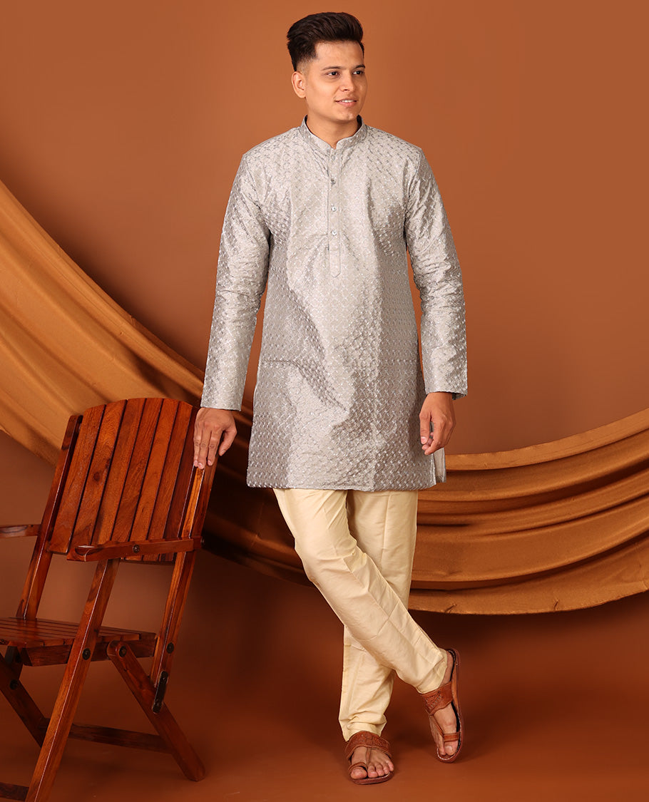 Silver-color Embroidered Full-Sleeved Men's Kurta