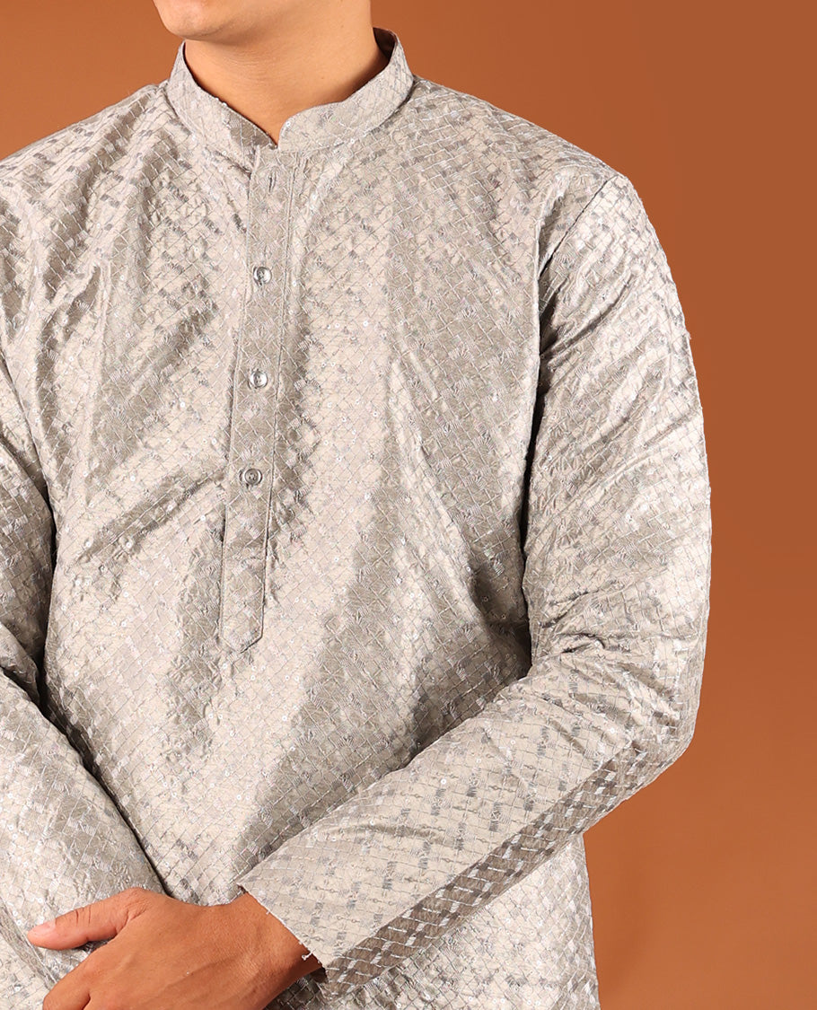 Silver-color Embroidered Full-Sleeved Men's Kurta