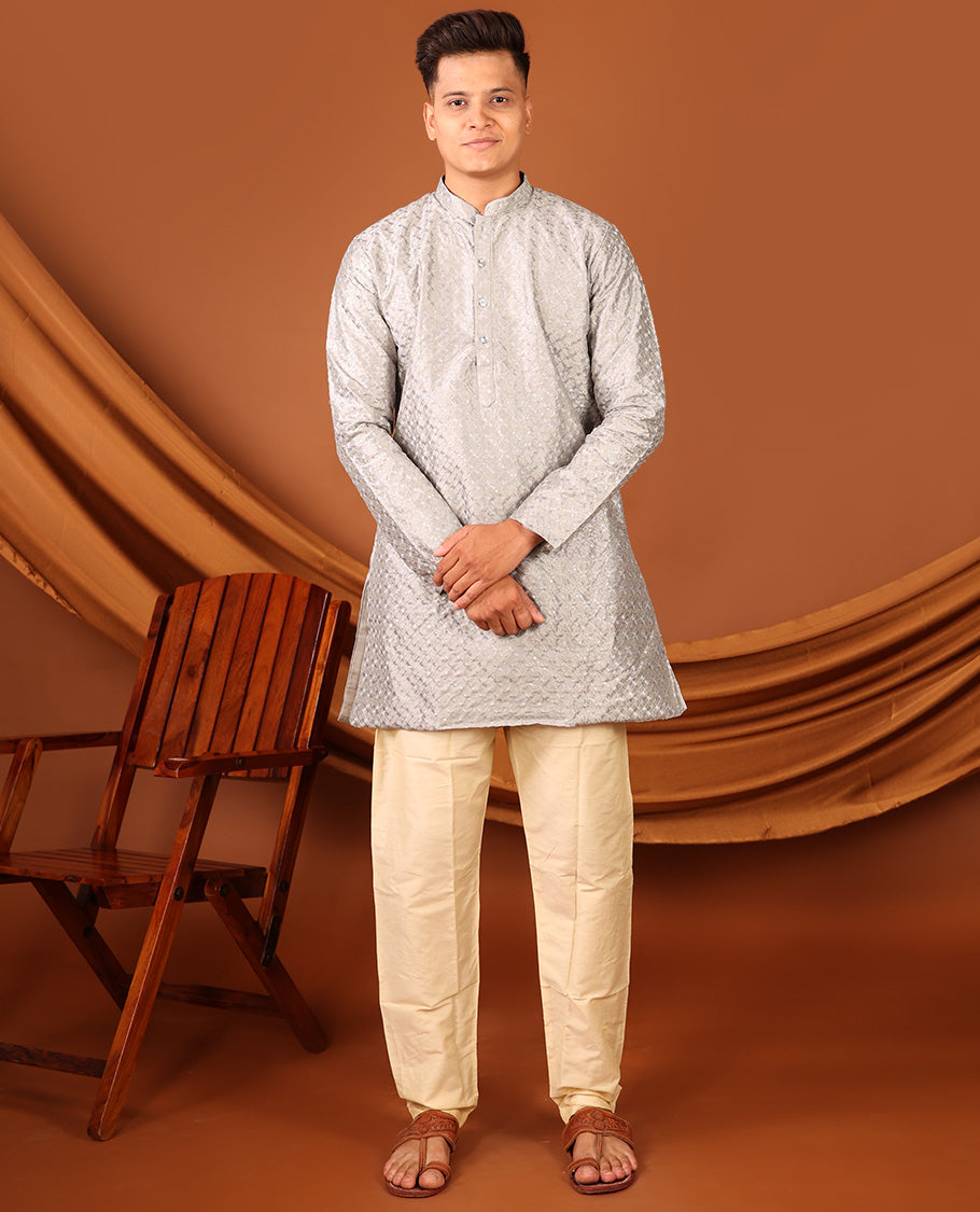 Silver-color Embroidered Full-Sleeved Men's Kurta