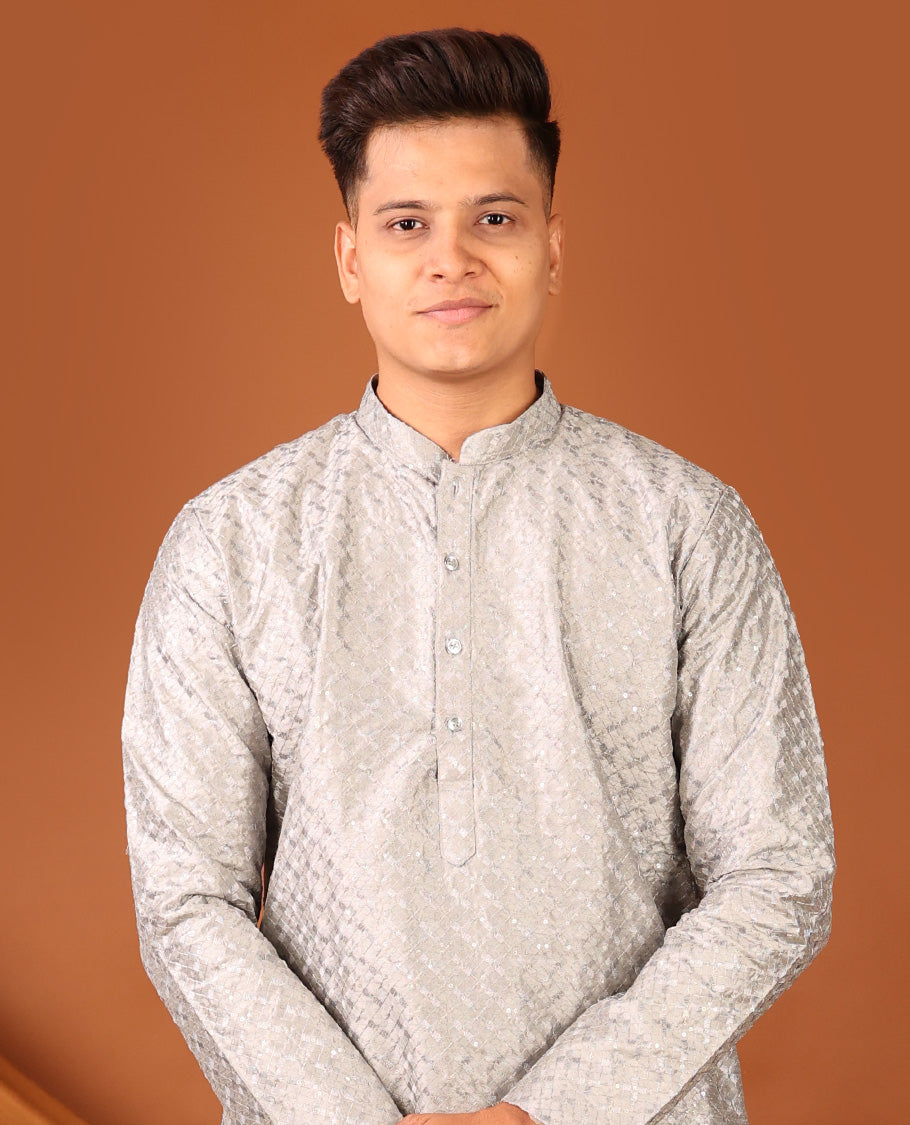 Silver-color Embroidered Full-Sleeved Men's Kurta